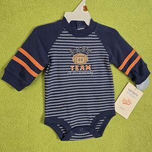 NWT 0-3M Long-seeved Bodysuit FOOTBALL Go Team Baby Blue + Orange Striped (Q5)